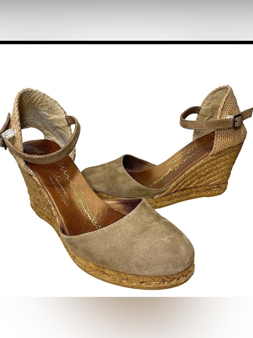 GAIMO Spain Suede Wedge Espadrille Tan Brown Sz 38 EU Ankle Strap Boho Shoes